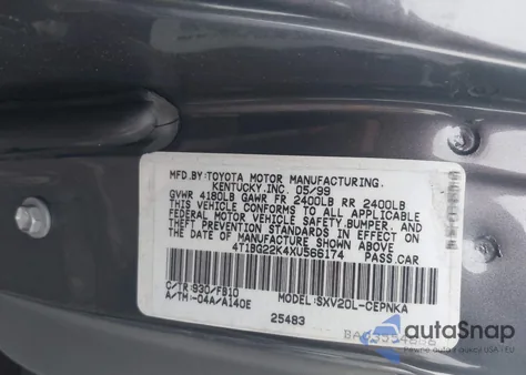 1999 Toyota Camry Le из США, поврежденный, VIN 4T1BG22K4XU566174